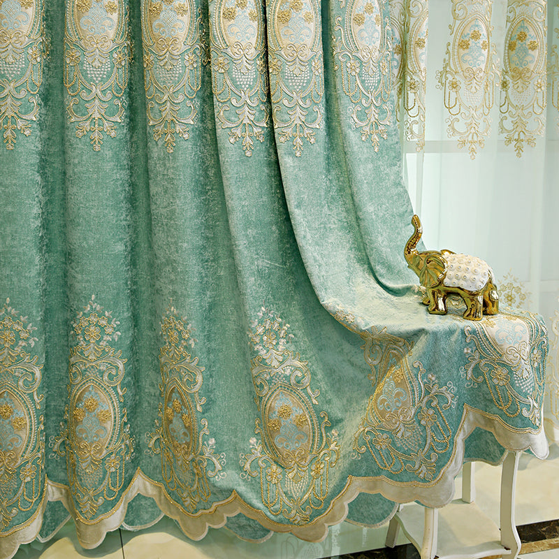 Luxurious green blackout curtains with gold embroidery