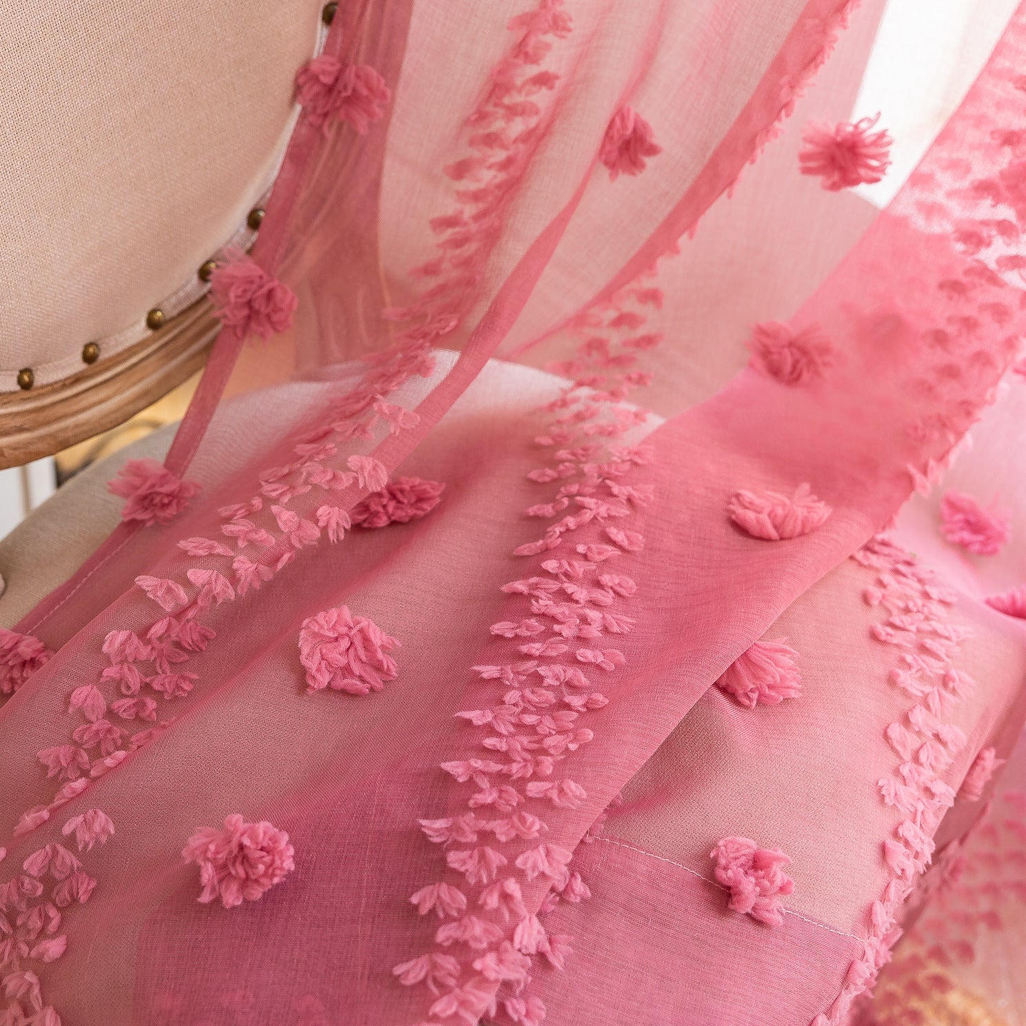 Bohemian tufted textured embroidered floral curtains with rolled edges