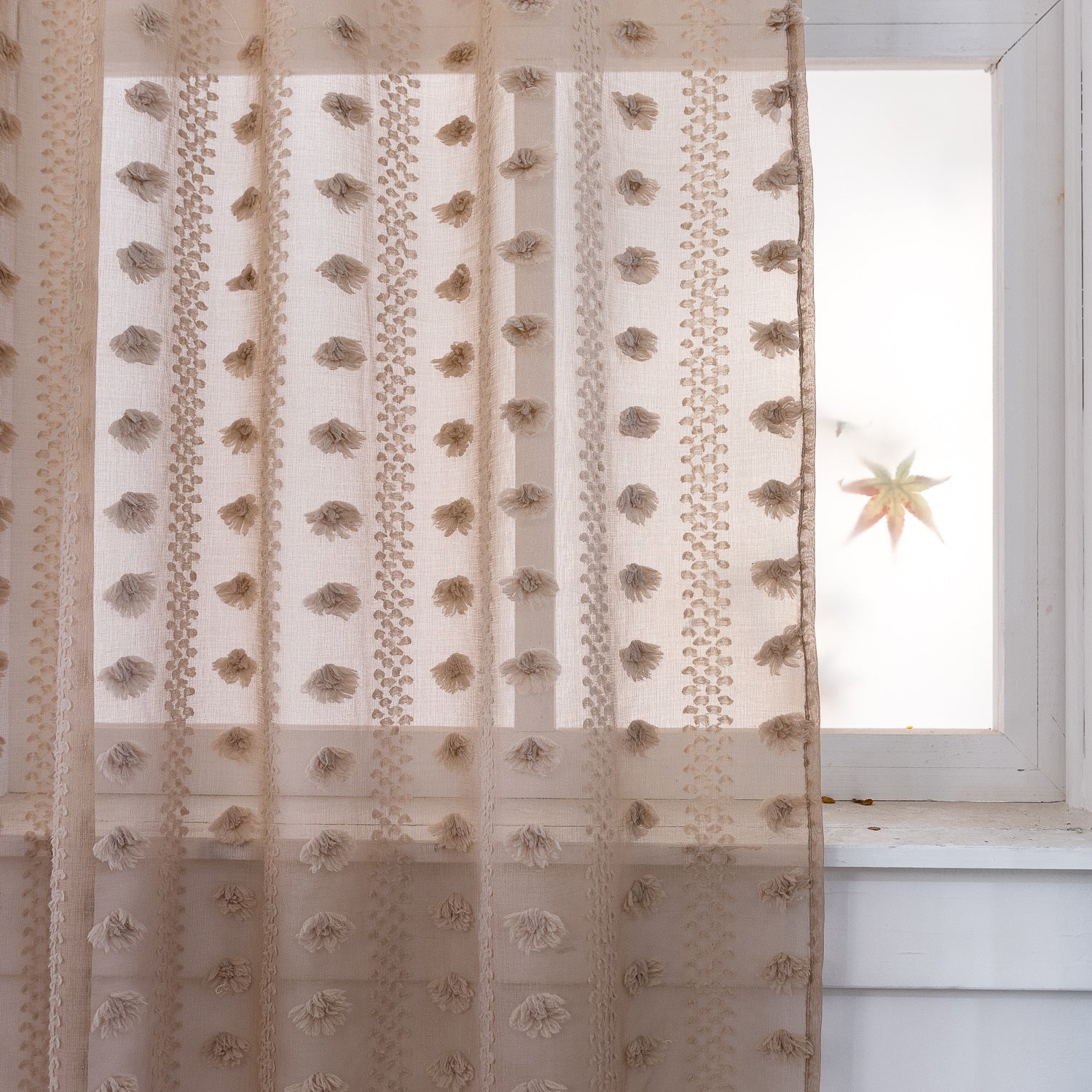 Bohemian tufted textured embroidered floral curtains with rolled edges