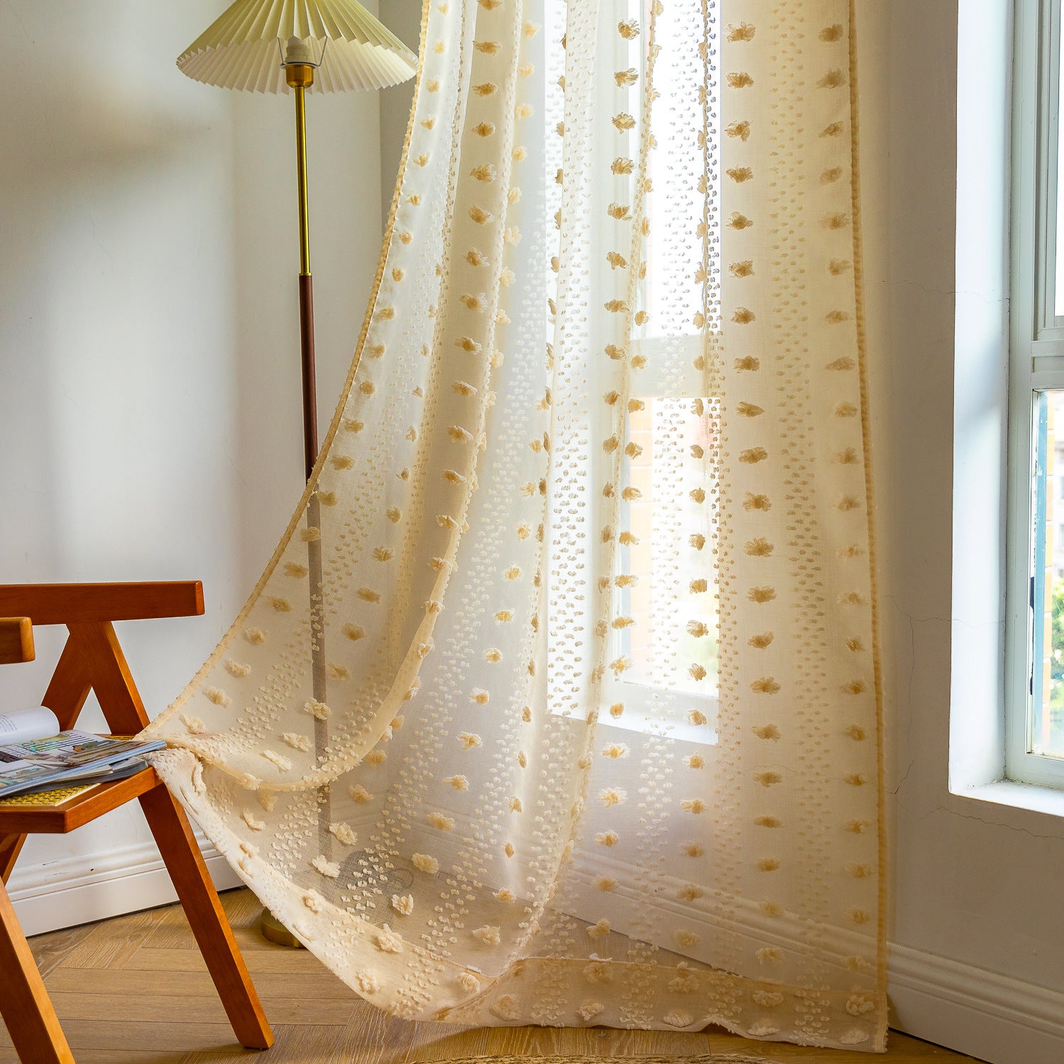 Bohemian tufted textured embroidered floral curtains with rolled edges