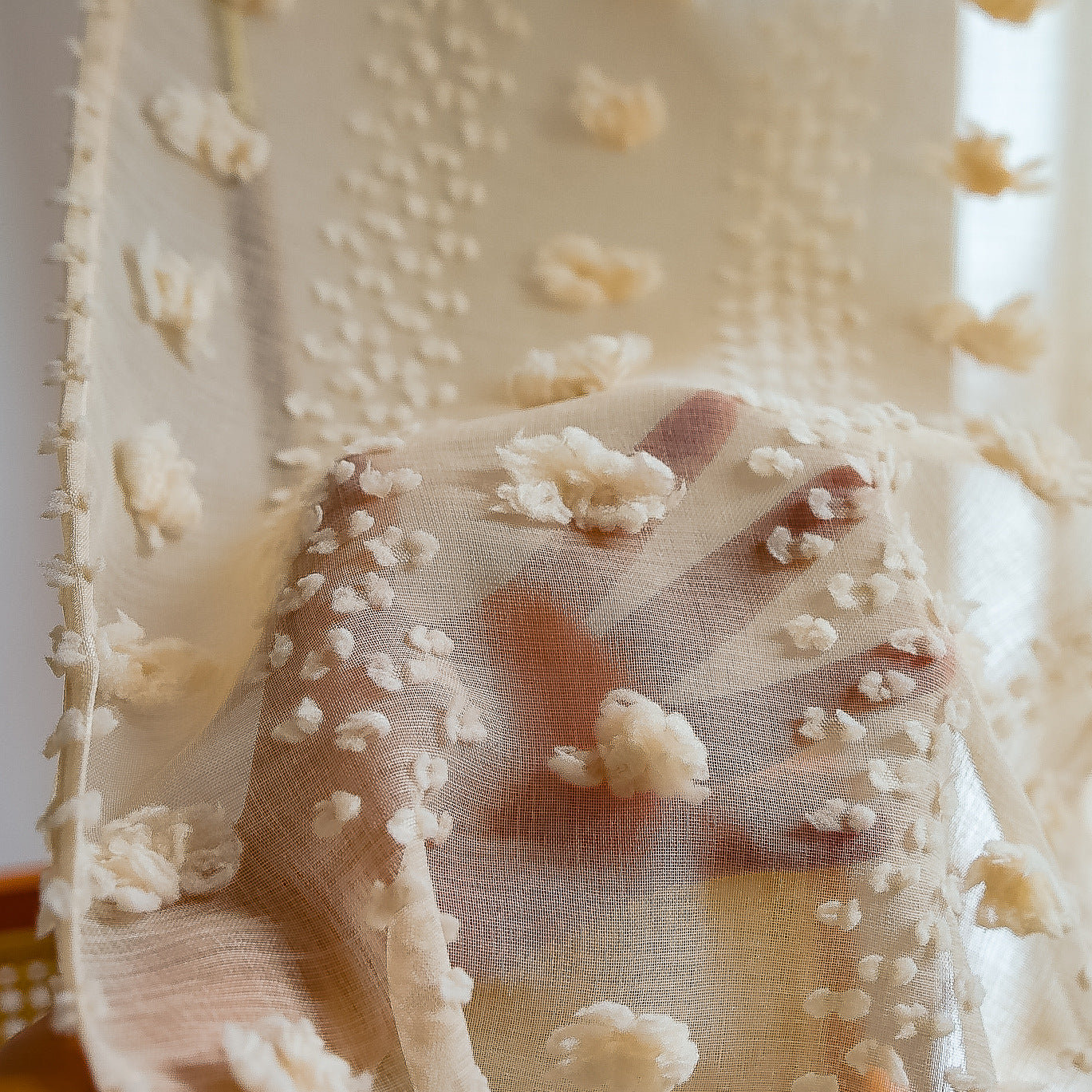 Bohemian tufted textured embroidered floral curtains with rolled edges