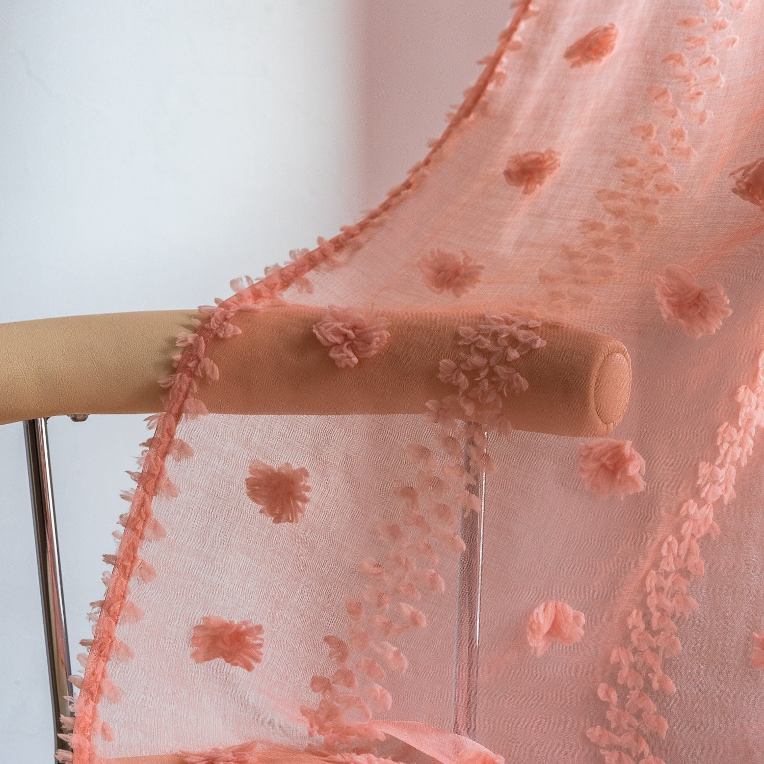 Bohemian tufted textured embroidered floral curtains with rolled edges