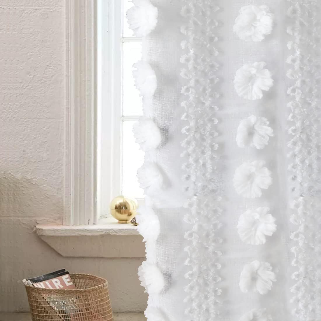 Bohemian tufted textured embroidered floral curtains with rolled edges